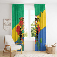 Personalized Gabon window curtains with coat of arms, “YOUR TEXT,” and green-yellow-blue print