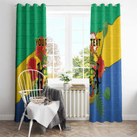 Pair of grommet-top personalized window curtains with Gabon coat of arms in green, yellow, blue