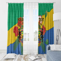 Pair of personalized window curtains with Gabon coat of arms, green and yellow panels, blue
