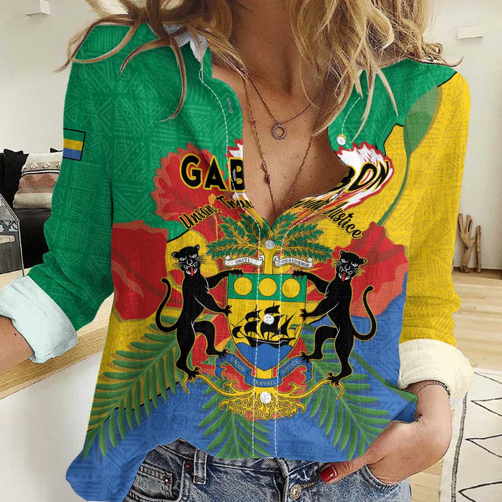 Personalised Gabon Women Casual Shirt Coat Of Arms With African Pattern - Wonder Print Shop