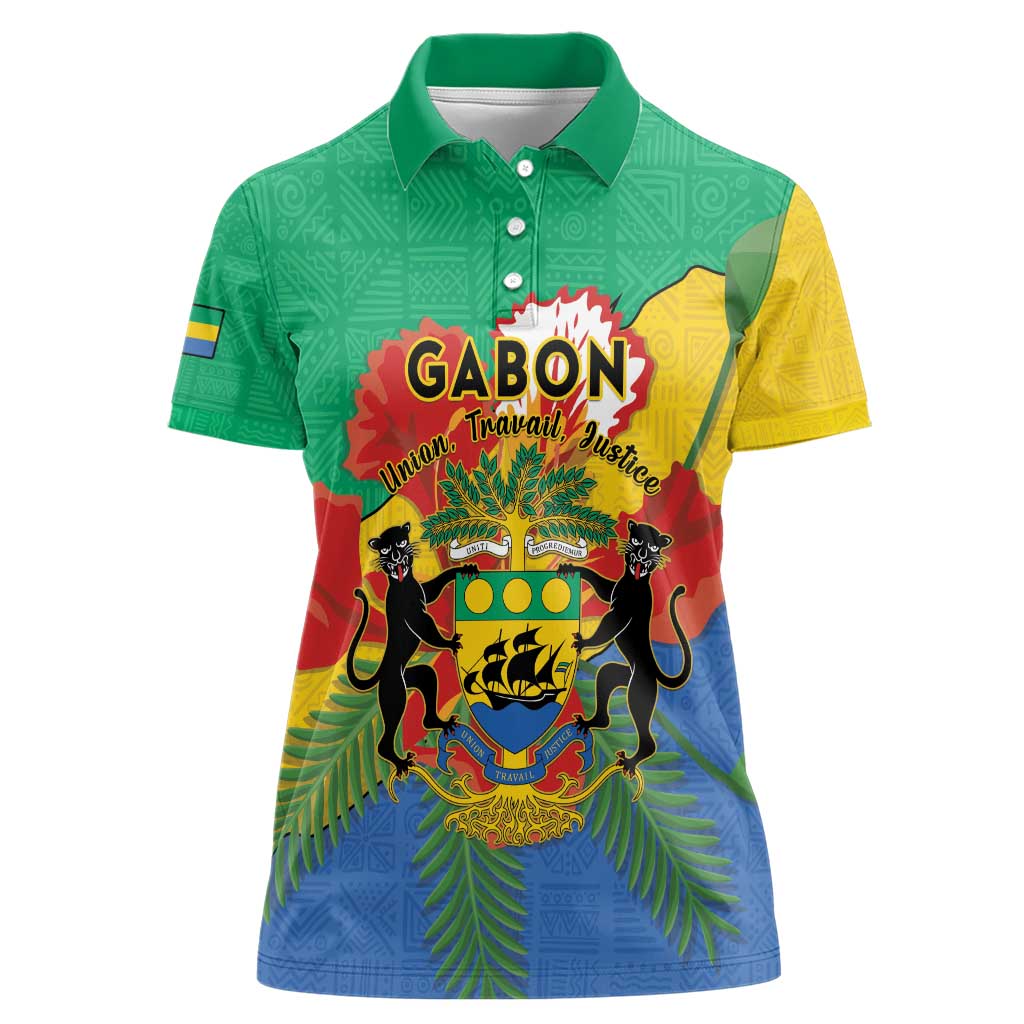 Personalised Gabon Women Polo Shirt Coat Of Arms With African Pattern - Wonder Print Shop