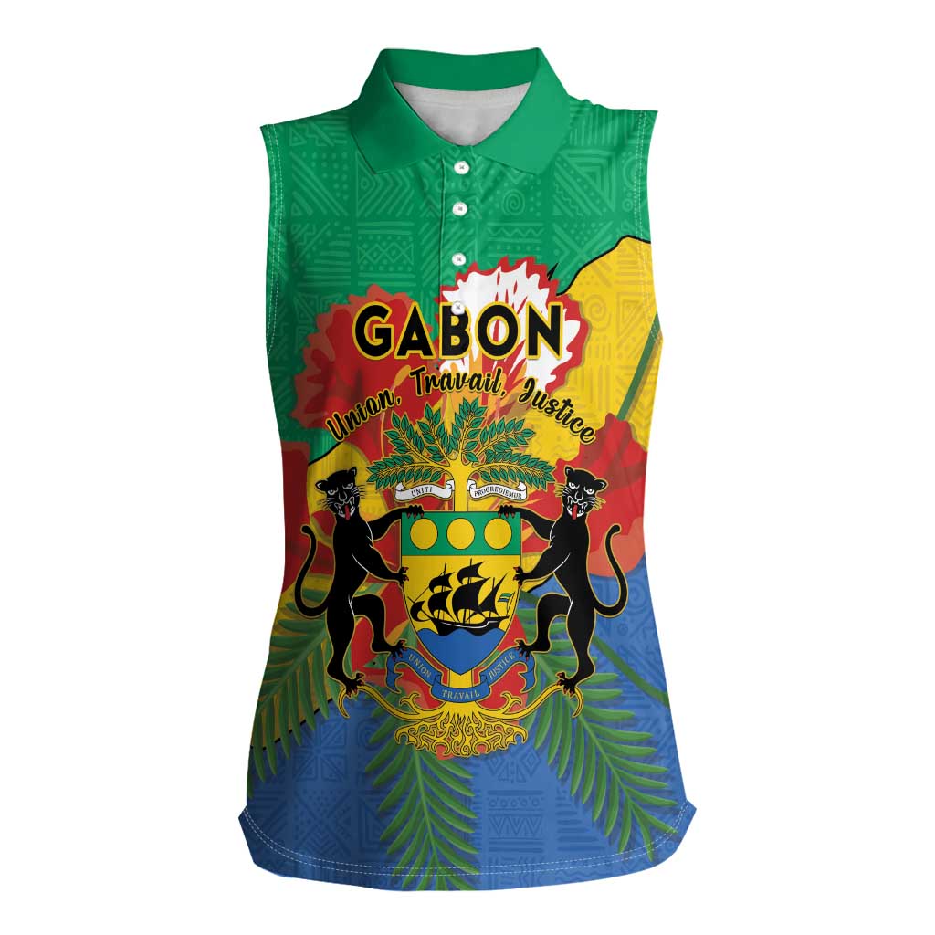 Personalised Gabon Women Sleeveless Polo Shirt Coat Of Arms With African Pattern - Wonder Print Shop