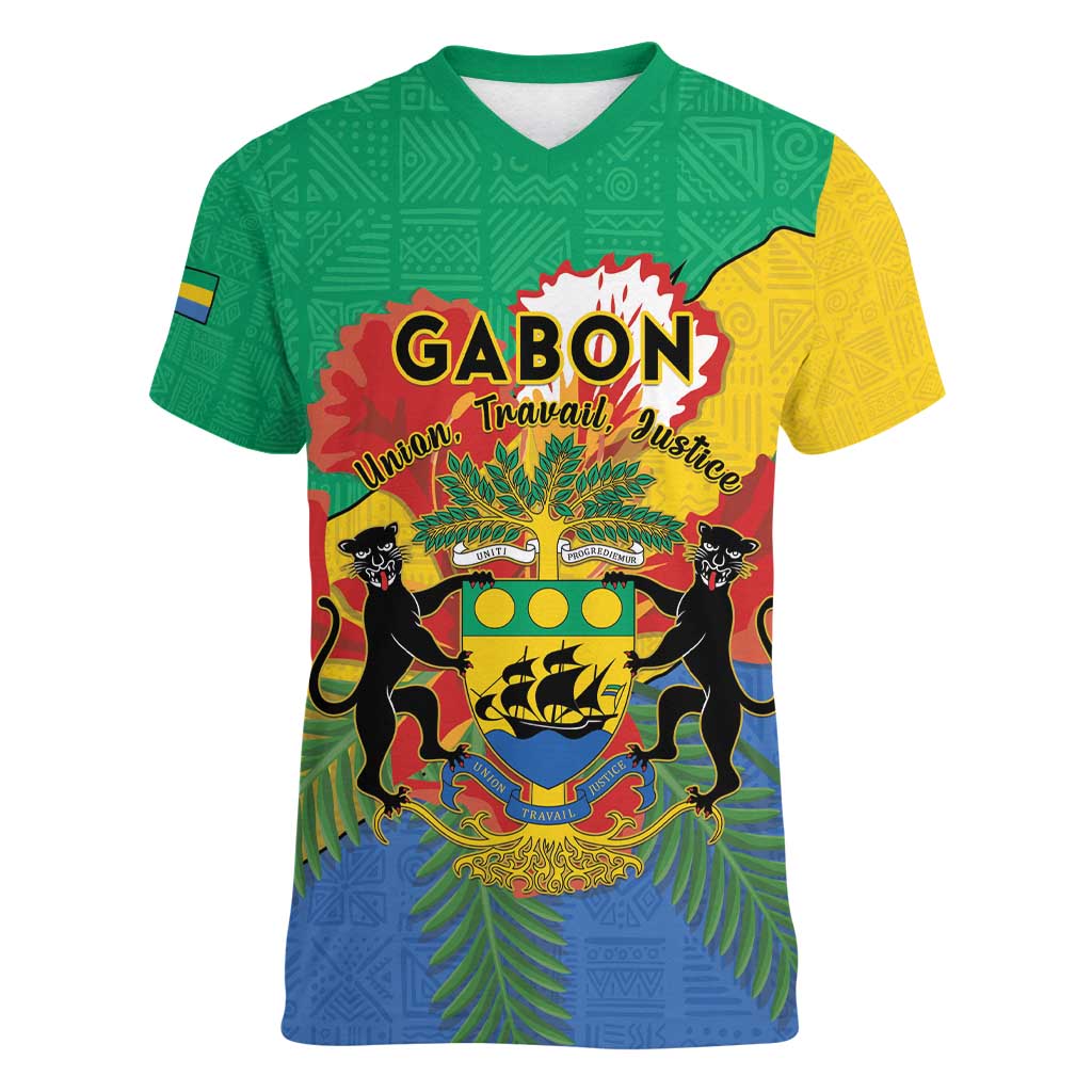 Personalised Gabon Women V-Neck T-Shirt Coat Of Arms With African Pattern - Wonder Print Shop