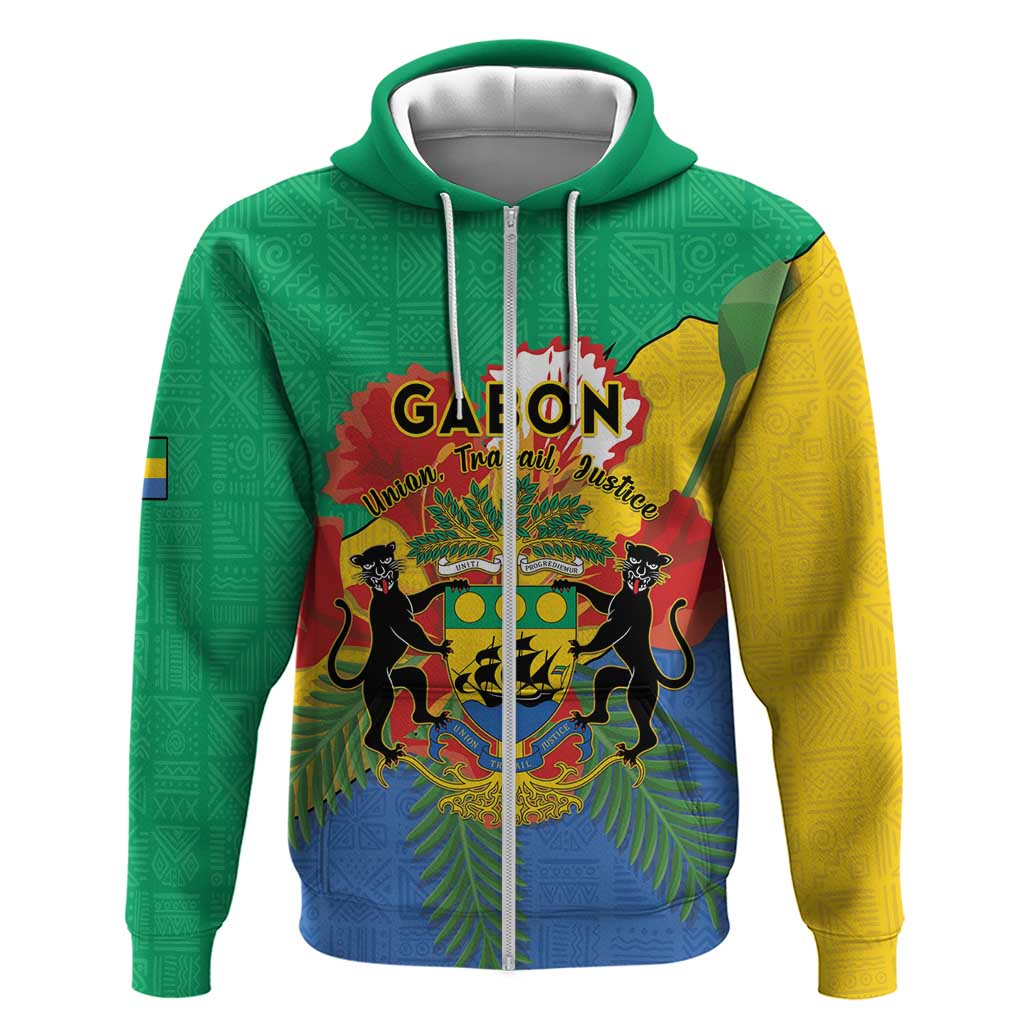 Personalised Gabon Zip Hoodie Coat Of Arms With African Pattern - Wonder Print Shop