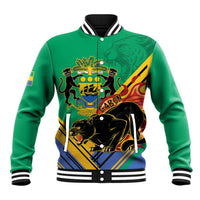 Green varsity baseball jacket with black panther and Gabon crest graphic, snap front