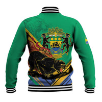 Green varsity baseball jacket back with Gabon crest and black panther graphic, ribbed hem