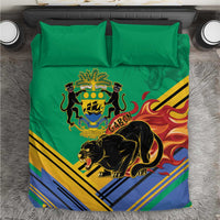 Green bedding set with Gabon coat of arms and black panther, multicolor striped design
