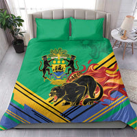 Green bedding set with coat of arms, black panther graphic, multicolor stripes and flames
