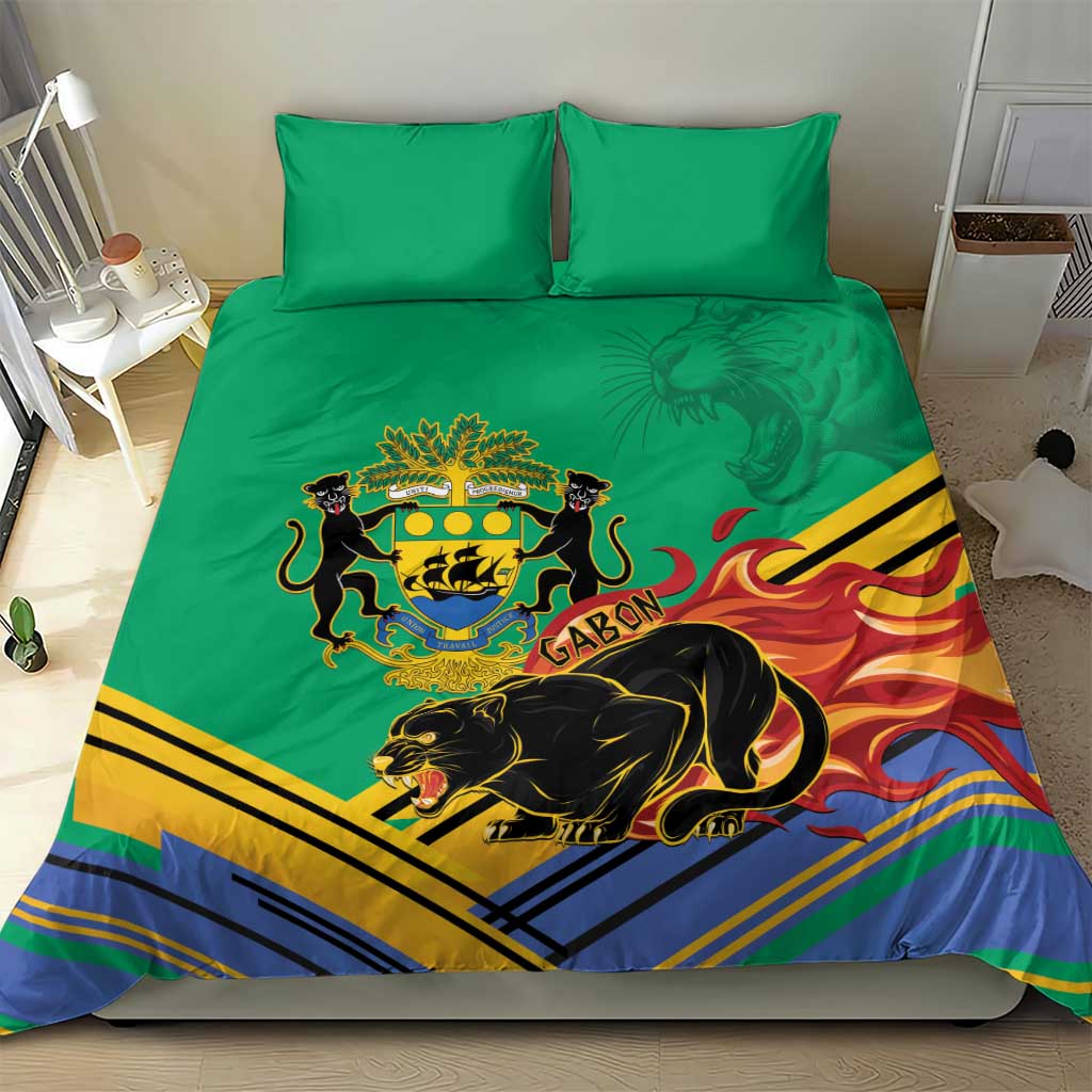 Green bedding set with Gabon coat of arms, black panther, red orange flame and stripe panel