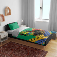 Green bedding set on bed with coat of arms and black panther, multicolor stripe border