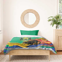 Green bedding set with Gabon coat of arms and black panther, multicolor diagonal stripes