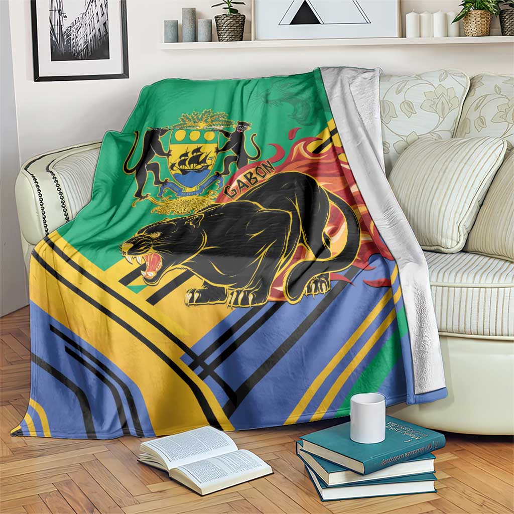 Green Gabon coat of arms blanket, black panther and lions with diagonal yellow/blue stripes