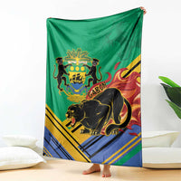 Green Gabon coat of arms blanket spread out, black panther, lions, flames, diagonal stripes