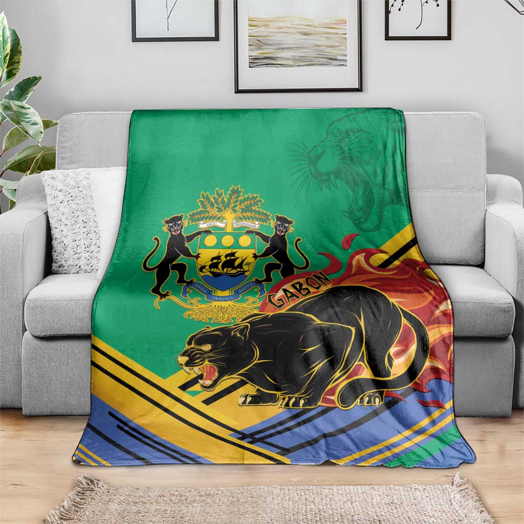 Green Gabon coat of arms blanket draped, black panther and lions over blue and yellow bands