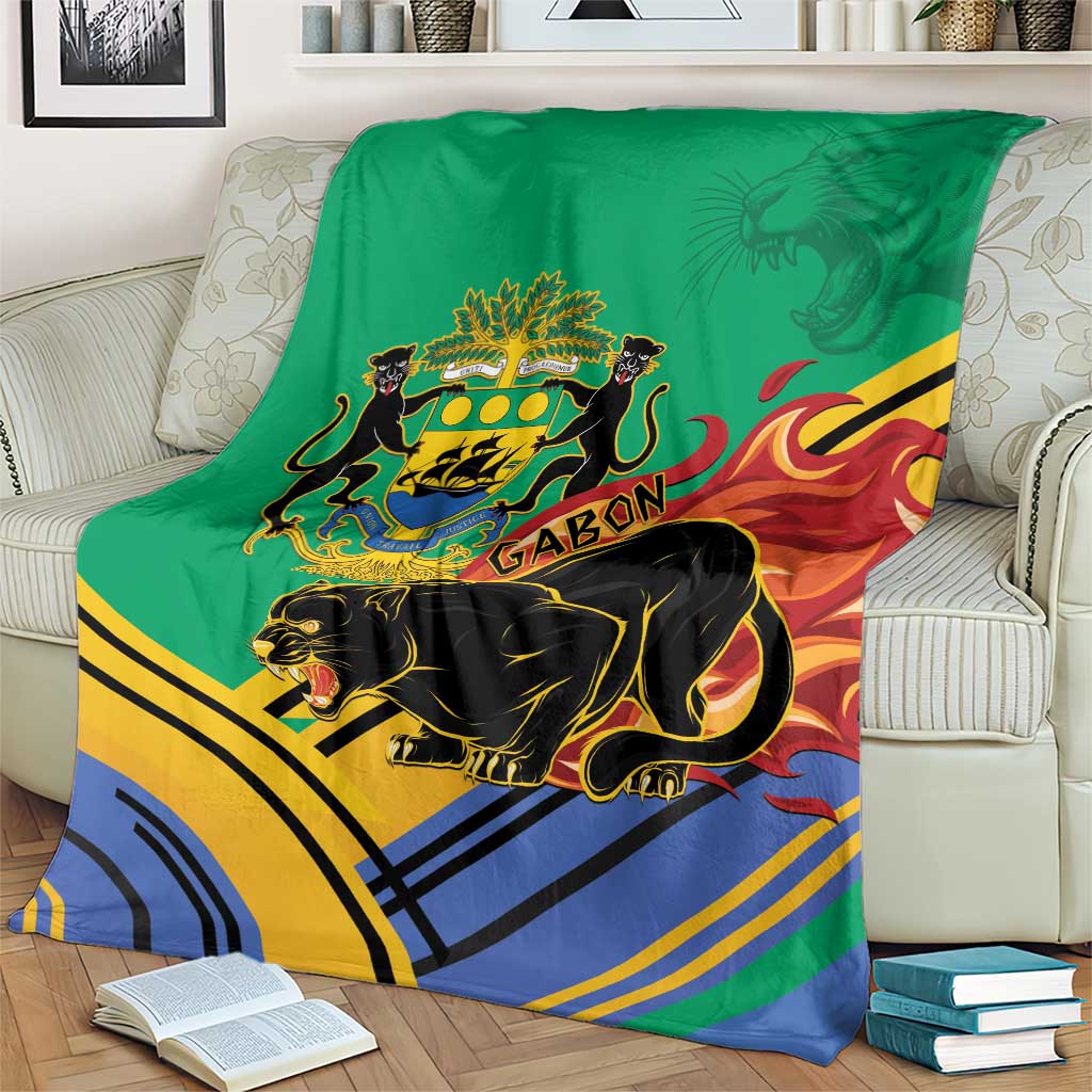 Green Gabon coat of arms blanket with black panther and lions, multicolor flame accents, stripes