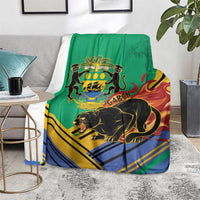 Green Gabon coat of arms blanket draped, black panther and lions with blue/yellow diagonal bands