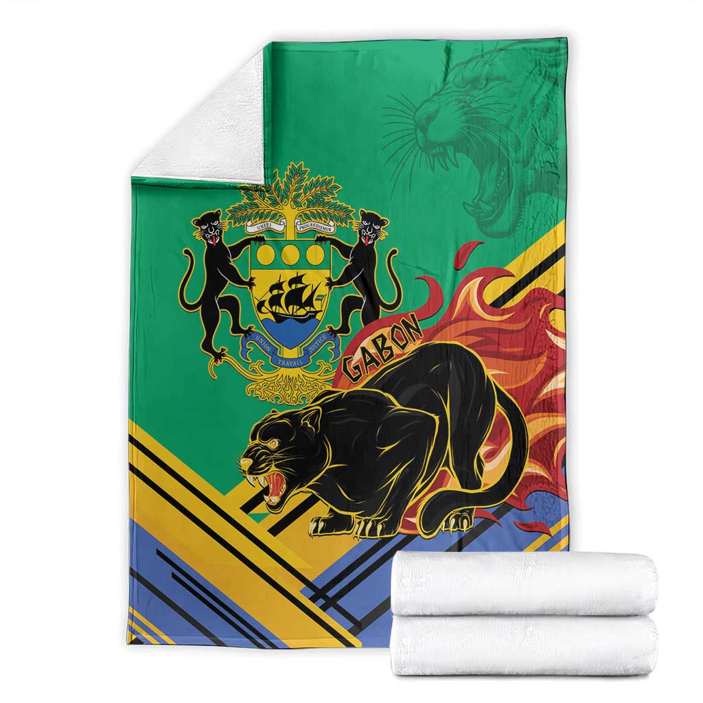 Folded green Gabon coat of arms blanket with black panther, lions, flames, and diagonal stripes