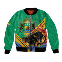 Green unisex bomber jacket with front zipper and ribbed collar; coat-of-arms graphic