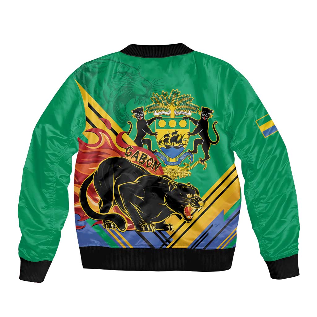 Green unisex bomber jacket with ribbed collar and cuffs; full back emblem graphic