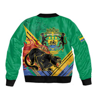 Green unisex bomber jacket with ribbed collar and cuffs; full back emblem graphic