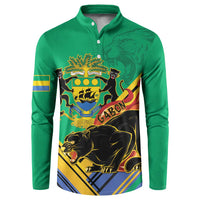 Green henley sweatshirt with button placket and Gabon crest and panther graphic