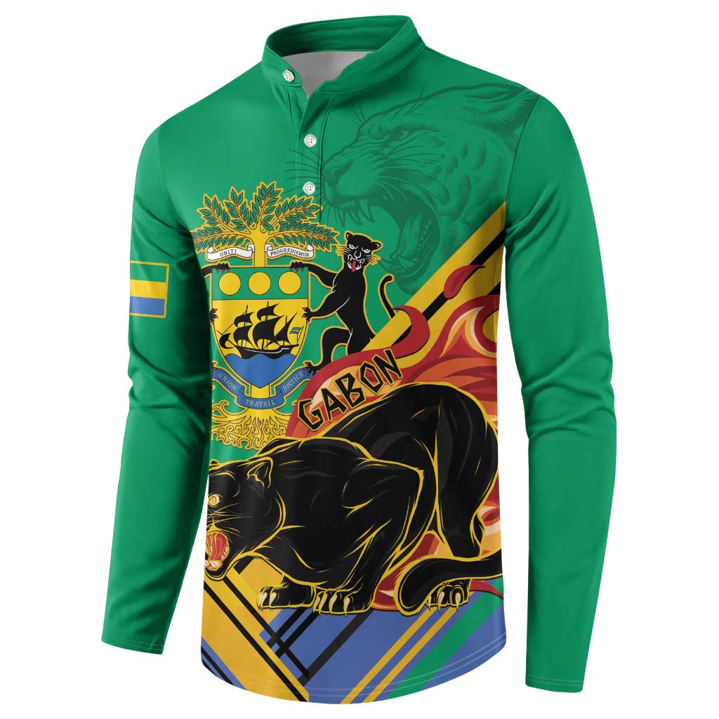 Green henley sweatshirt with button placket, coat-of-arms crest and panther print