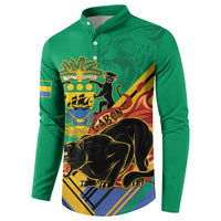 Green henley sweatshirt with button placket, coat-of-arms crest and panther print