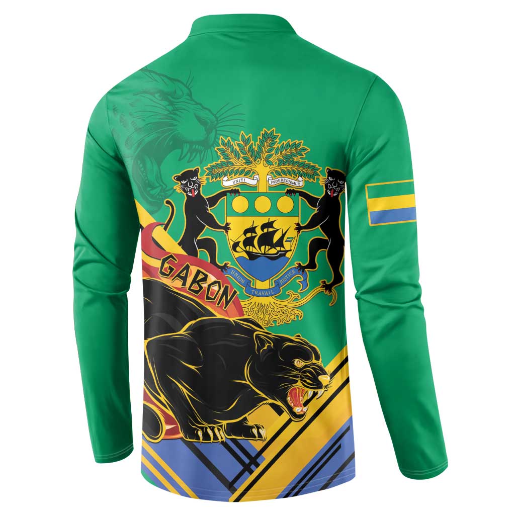 Green henley sweatshirt back view with coat-of-arms crest, panther graphic, sleeve stripe