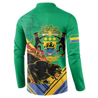 Green henley sweatshirt back view with coat-of-arms crest, panther graphic, sleeve stripe