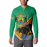 Green henley sweatshirt with button placket, front crest and black panther graphic