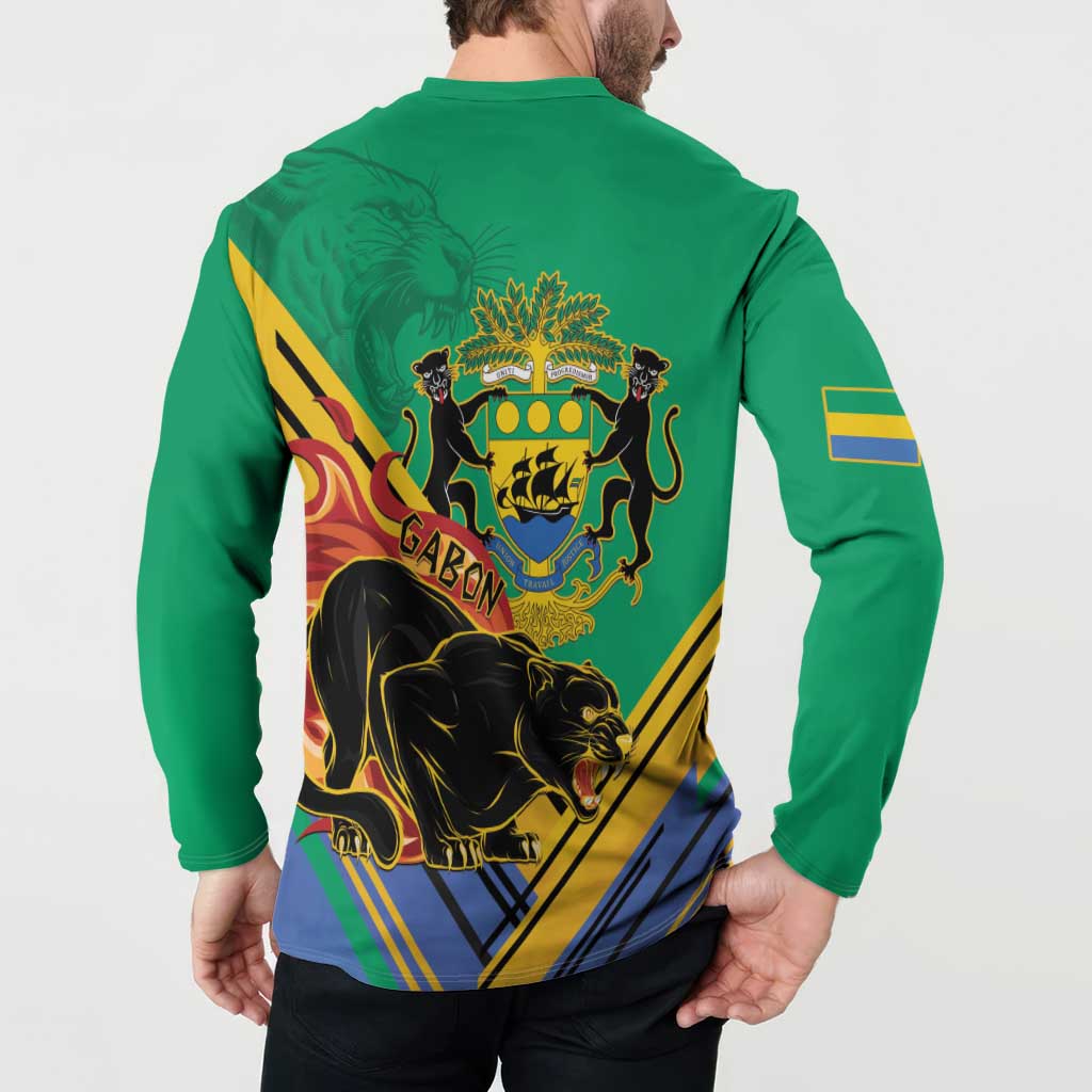 Green henley sweatshirt back view with coat-of-arms crest, panther graphic, sleeve stripes