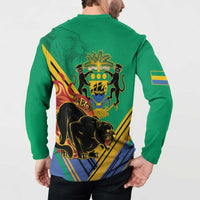Green henley sweatshirt back view with coat-of-arms crest, panther graphic, sleeve stripes