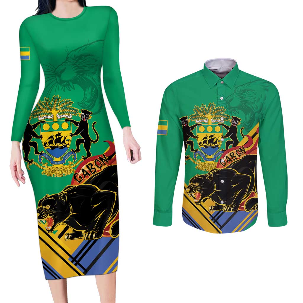 Gabon Black Panther Couples Matching Long Sleeve Bodycon Dress and Long Sleeve Button Shirt Coat Of Arms