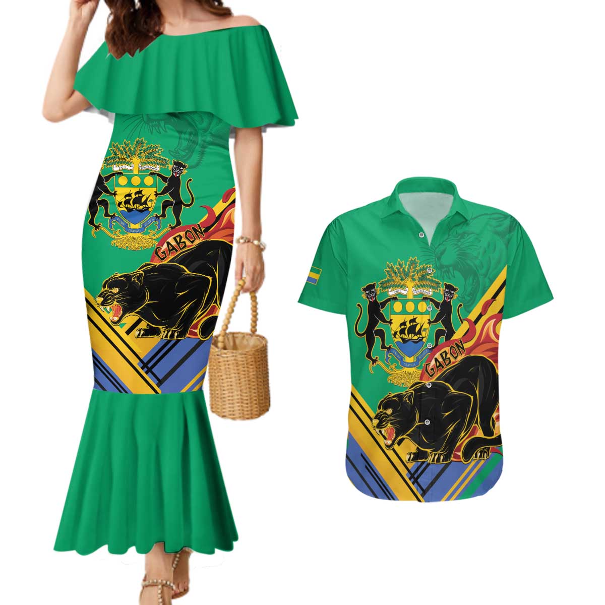 Gabon Black Panther Couples Matching Mermaid Dress and Hawaiian Shirt Coat Of Arms