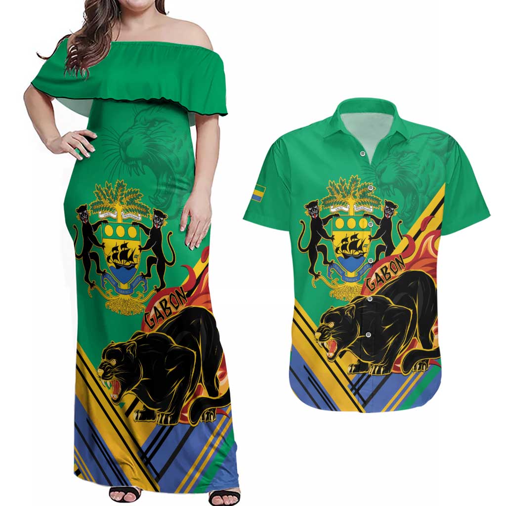 Gabon Black Panther Couples Matching Off Shoulder Maxi Dress and Hawaiian Shirt Coat Of Arms