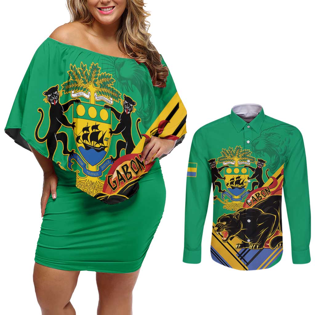 Gabon Black Panther Couples Matching Off Shoulder Short Dress and Long Sleeve Button Shirt Coat Of Arms