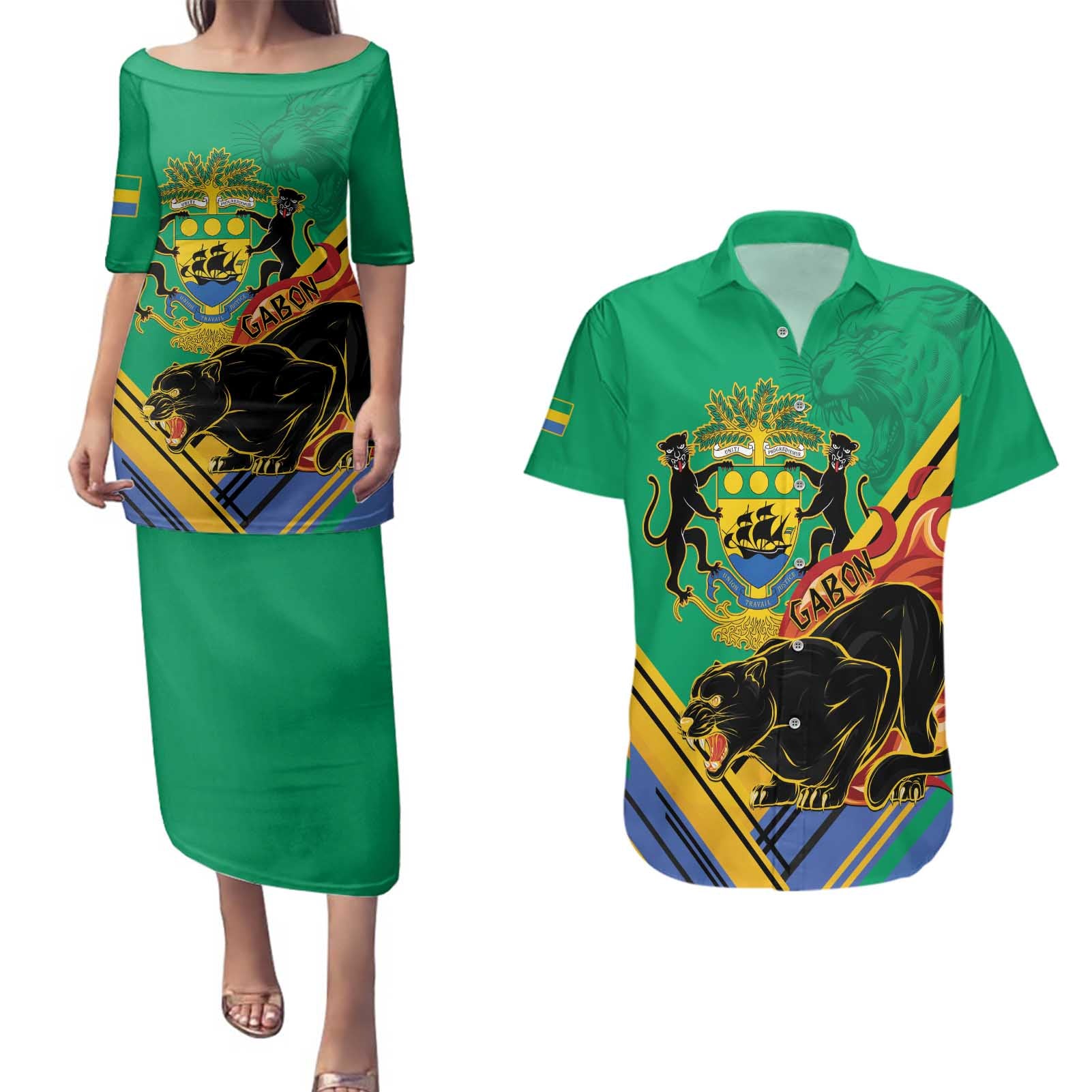 Gabon Black Panther Couples Matching Puletasi and Hawaiian Shirt Coat Of Arms