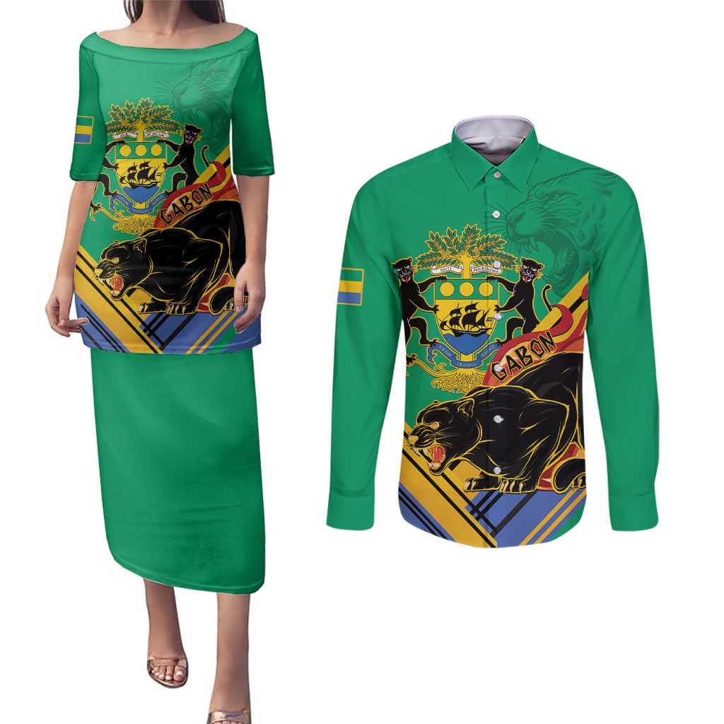 Gabon Black Panther Couples Matching Puletasi and Long Sleeve Button Shirt Coat Of Arms