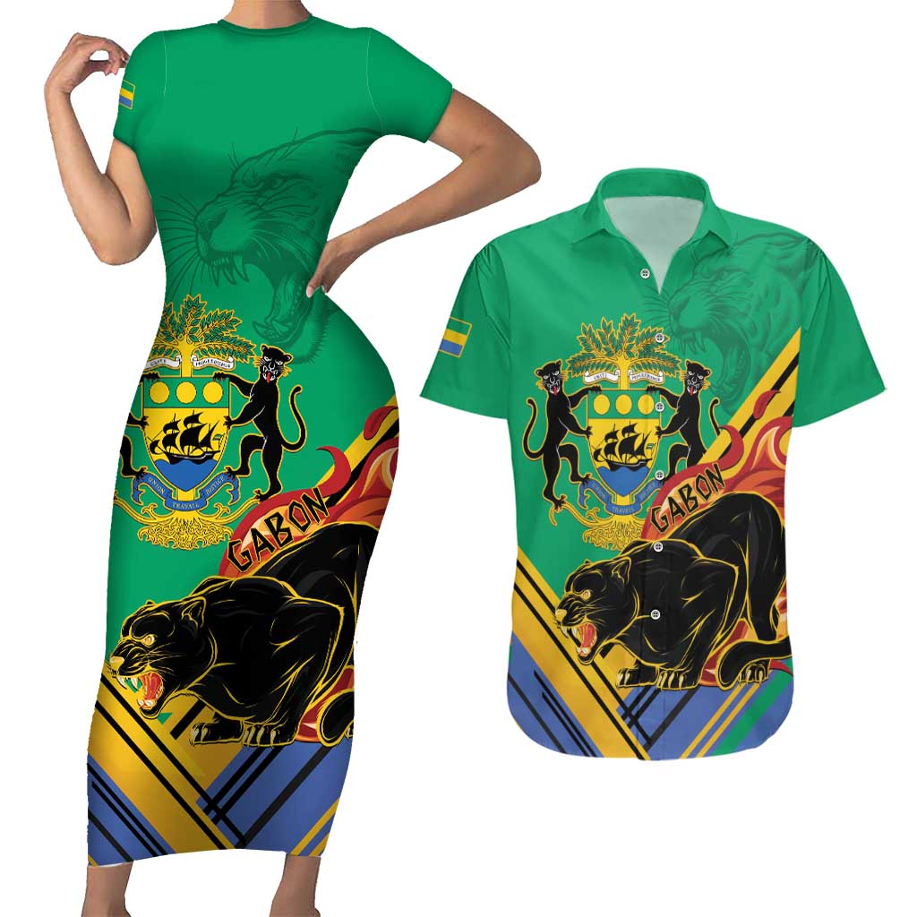 Gabon Black Panther Couples Matching Short Sleeve Bodycon Dress and Hawaiian Shirt Coat Of Arms