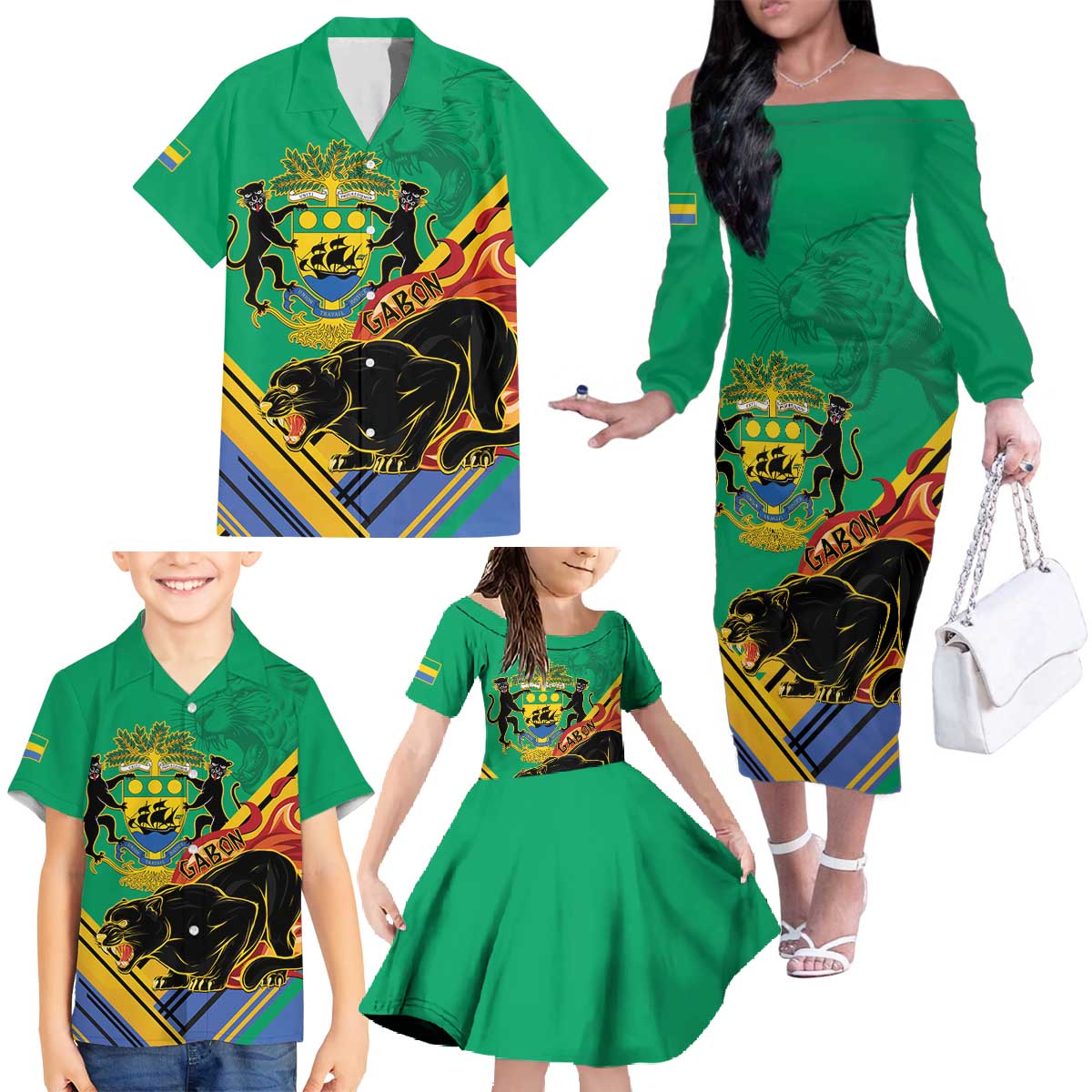 Gabon Black Panther Family Matching Off The Shoulder Long Sleeve Dress and Hawaiian Shirt Coat Of Arms