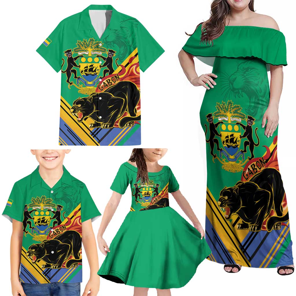 Gabon Black Panther Family Matching Off Shoulder Maxi Dress and Hawaiian Shirt Coat Of Arms