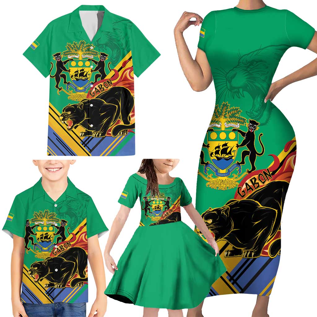 Gabon Black Panther Family Matching Short Sleeve Bodycon Dress and Hawaiian Shirt Coat Of Arms