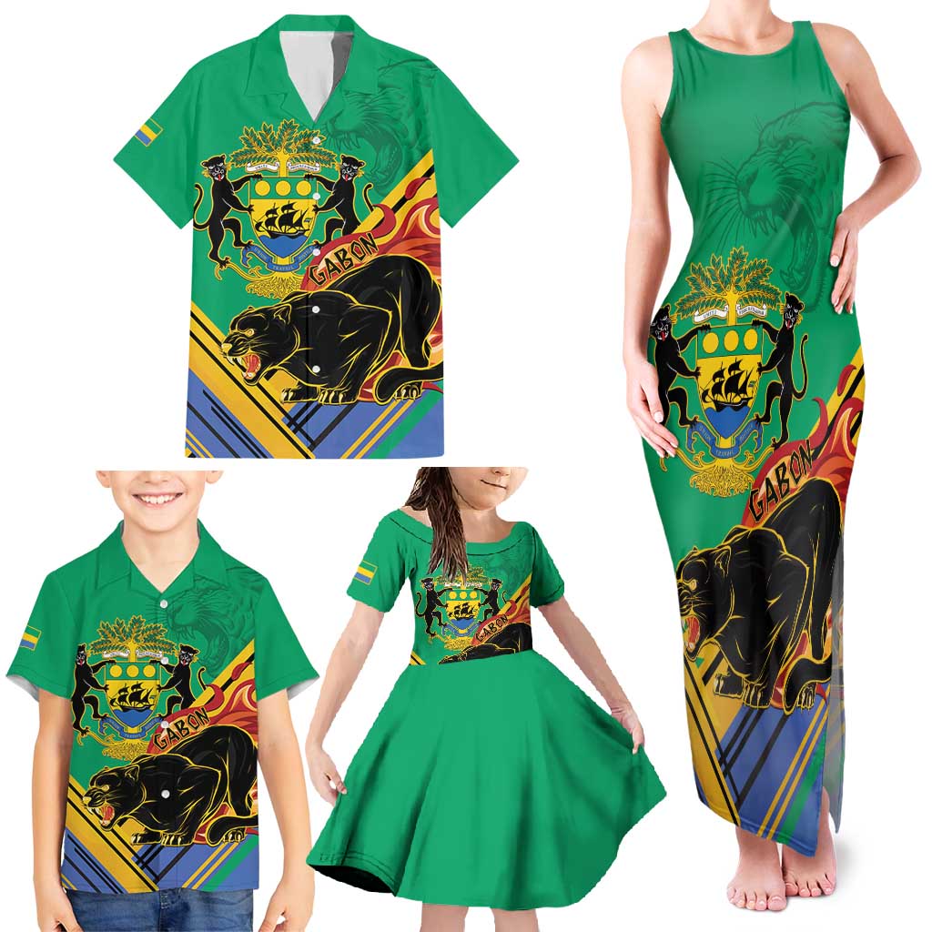 Gabon Black Panther Family Matching Tank Maxi Dress and Hawaiian Shirt Coat Of Arms