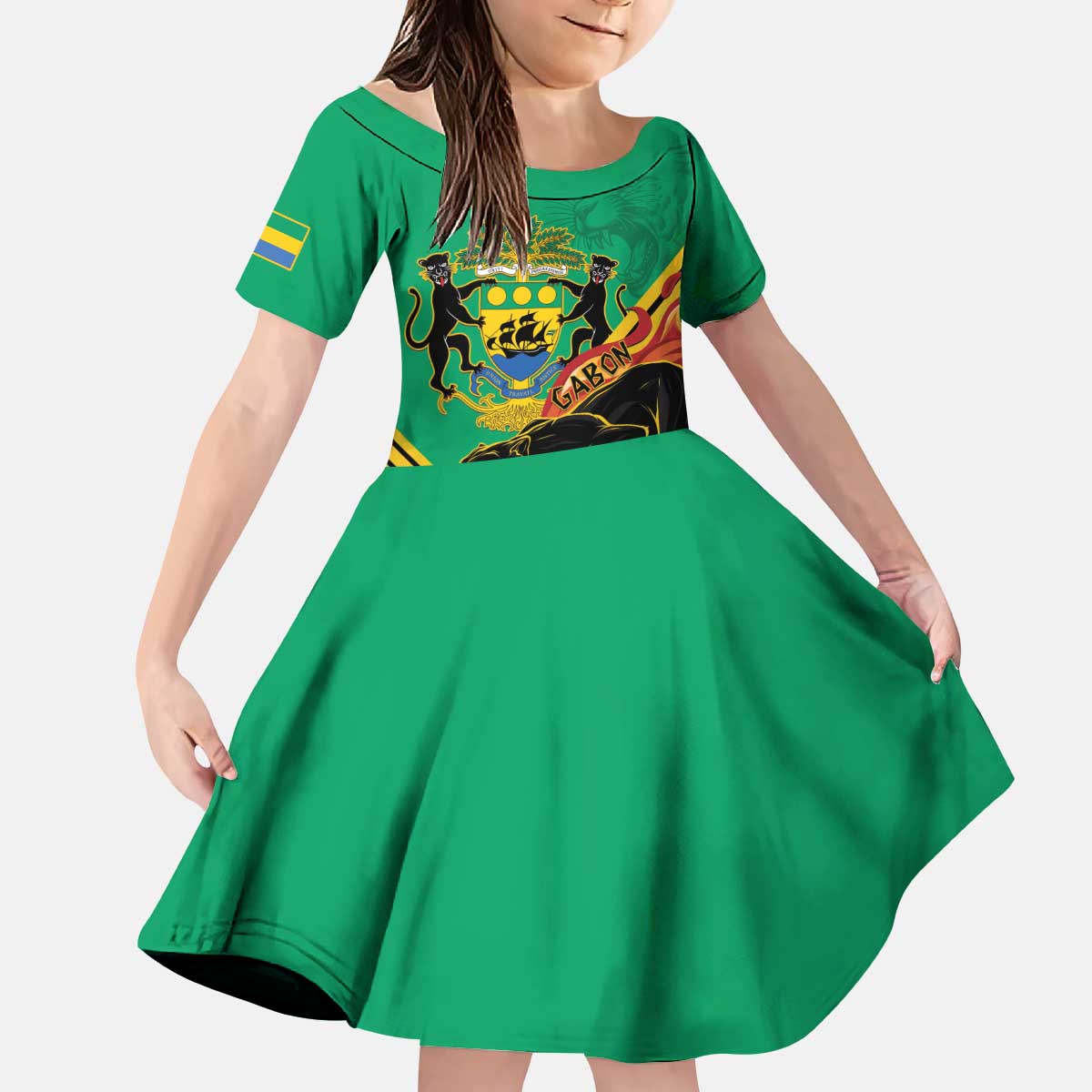 Gabon Black Panther Kid Short Sleeve Dress Coat Of Arms