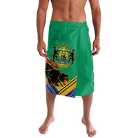 Green lavalava shorts with elastic waistband and large coat-of-arms graphic on front