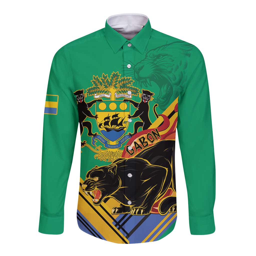 Gabon Black Panther Long Sleeve Button Shirt Coat Of Arms