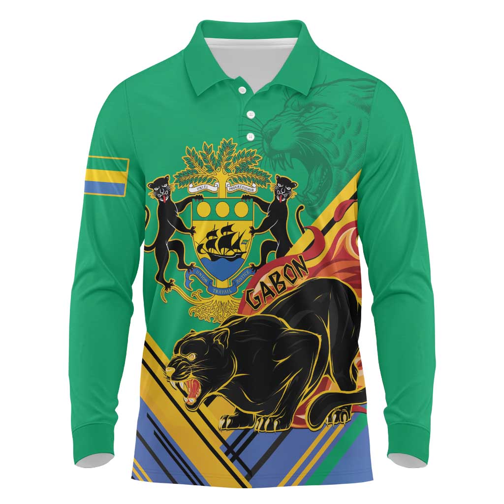 Gabon Black Panther Long Sleeve Polo Shirt Coat Of Arms