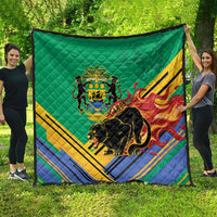 Green quilted blanket featuring Gabon crest with black panther and flame stripe design
