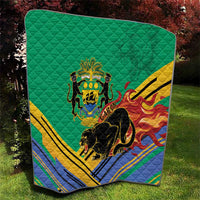 Green quilted blanket with Gabon coat-of-arms crest and black panther in flame stripes