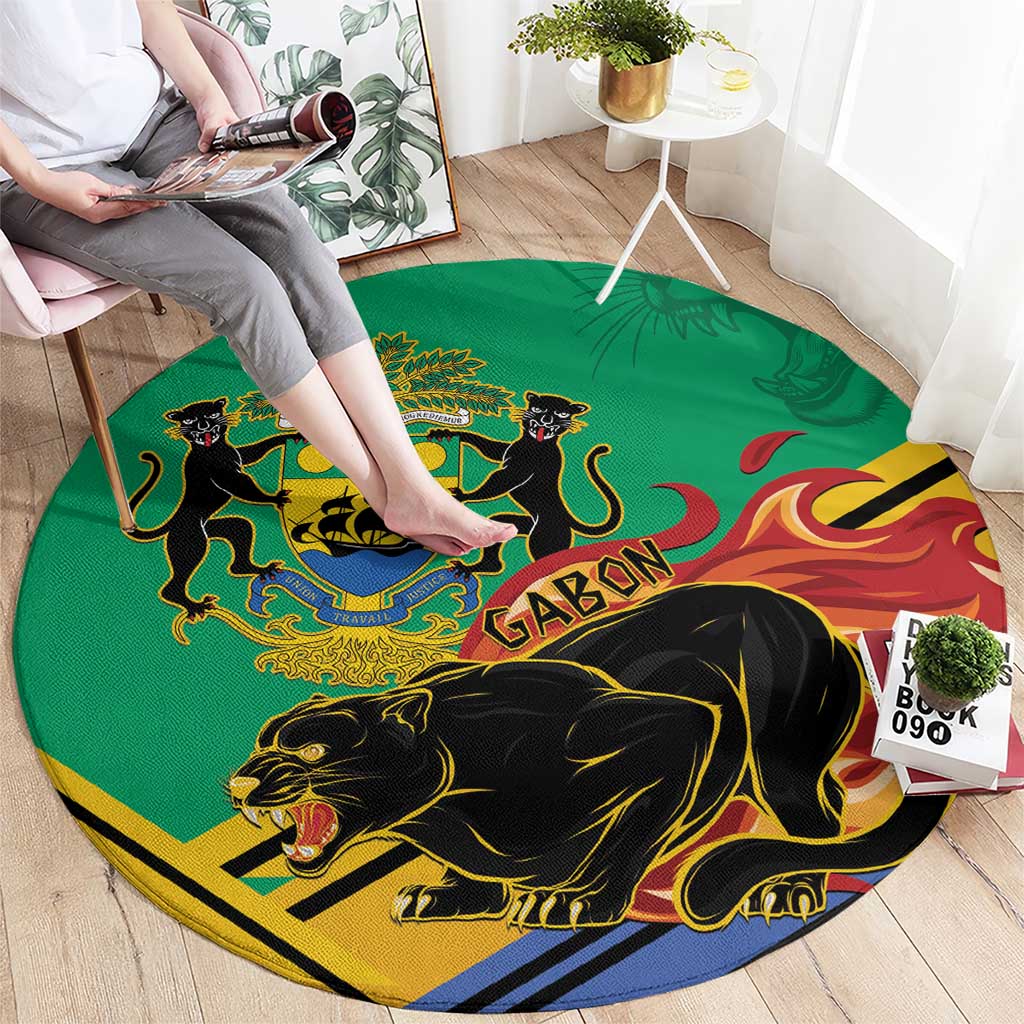 Green round rug with black panther and Gabon emblem, circular border design